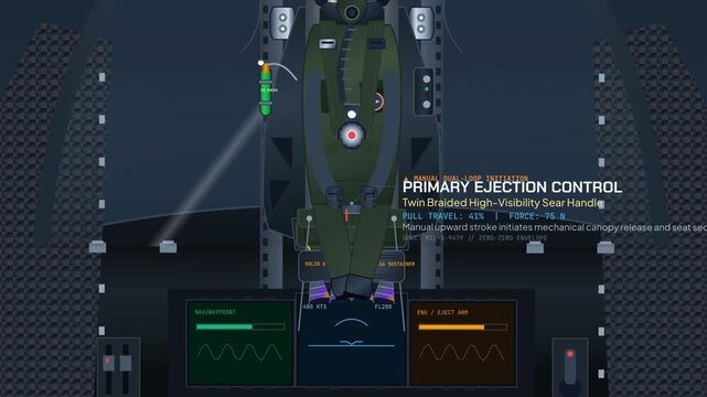 2D animation demonstrating the step-by-step sequence of a fighter jet ejection seat mechanism including canopy fracturing, telescopic catapult, rocket motor ignition and parachute release
