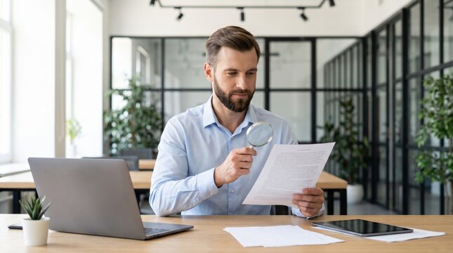 Focused Businessman Examining Documents with Magnifying Glass in Modern Office Setting.