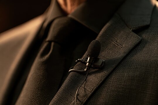 Person wearing a suit and tie, a lavalier microphone clipped to the lapel