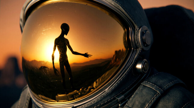 Astronaut helmet visor reflecting alien reaching out on sunset landscape, extraterrestrial encounter concept.