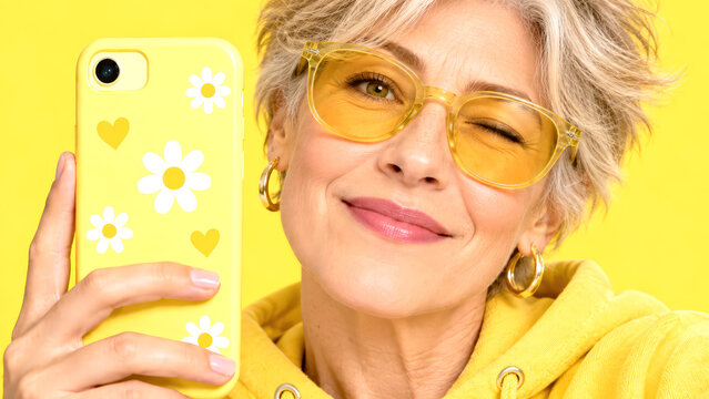 Modern Senior Woman Taking Stylish Selfie in Yellow Fashion