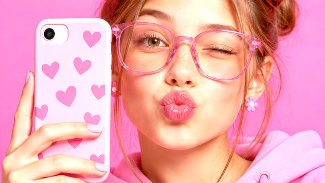 Playful Young Woman Taking Pink Fashion Selfie with Smartphone