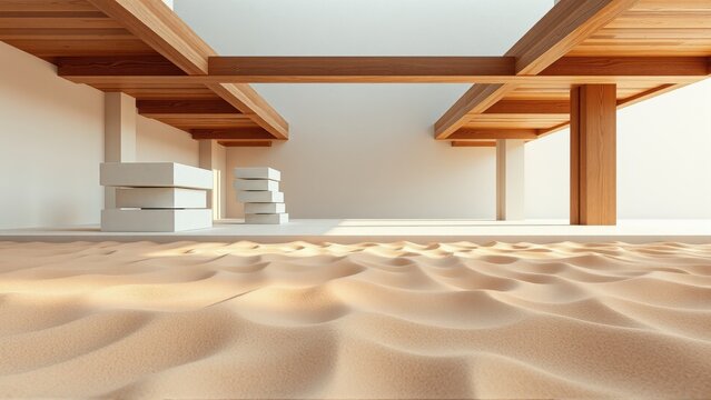 Minimalist interior. Wooden beams support ceiling above sand floor. White steps create geometric form within space. Light creates dramatic shadows.