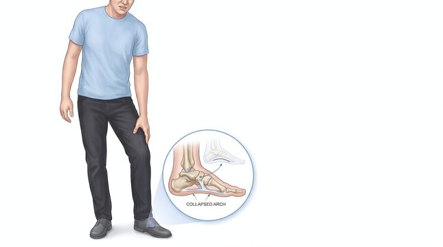 Man with collapsed arch showing foot pain and skeletal illustration flat feet