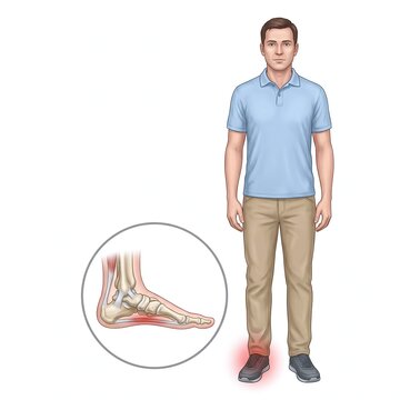 Male showing ankle pain with anatomical detail of foot bones and inflammation