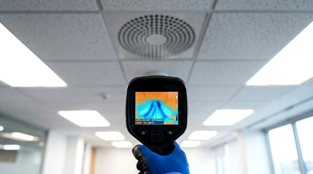 HVAC inspection with thermal imaging device analyzing airflow on ceiling vent in office, building climate control optimization.