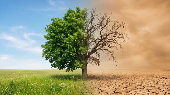 A compelling symbol of environmental duality a healthy, green tree merges with a withered, barren one, representing climate change and the planet's future