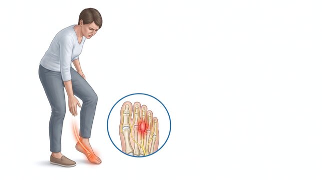 Morton&rsquo;s Neuroma Medical Illustration with Adult Bending Over from Forefoot Pain