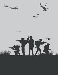 Obraz premium Soldiers vector, military vector illustration, Army background, soldiers silhouettes.