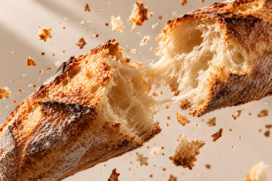 Fresh Artisan Bread Tearing Apart with Crispy Crust and Airy Texture