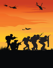 Obraz premium Soldiers vector, military vector illustration, Army background, soldiers silhouettes.
