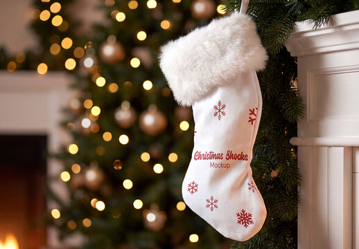 Christmas Stocking Mockup with Festive Fireplace Background