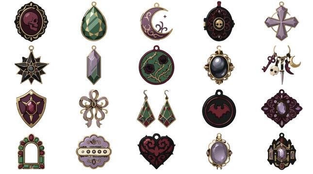 Gothic jewelry vector set, vintage dark fantasy amulets and pendants, medieval occult magic charms for game design, 20 icons