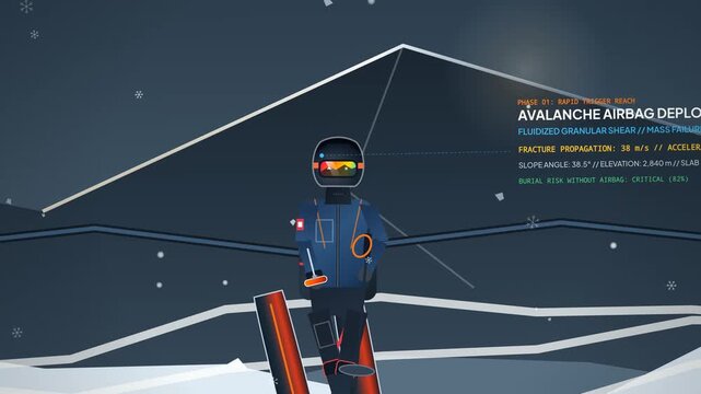 Comprehensive animated infographic demonstrating the deployment mechanism and physical principles of an avalanche airbag, including inverse segregation and surface flotation for skier safety