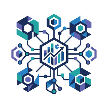 Complex geometric composition features interconnected growth charts and network symbols.