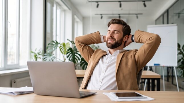 Relaxed young businessman leaning back in his chair with hands behind head, enjoying a break at the office desk.