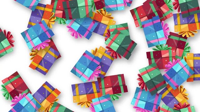 Colorful Gift Boxes Falling on White Background Animation