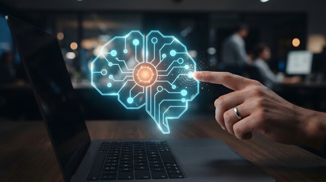 Hand interacting with glowing digital brain neural network above laptop in modern office, illustrating artificial intelligence and machine learning technology concept.