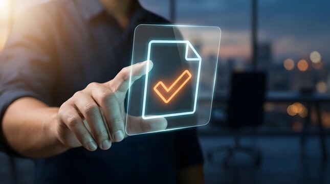 Businessman using digital interface to sign electronic document with checkmark icon, paperless office and online contract management concept.