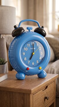 red inflatable alarm clock on wooden table showing time, time management and morning wake up routine concept