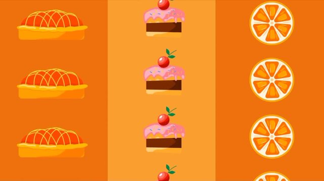 Seamless animation of cakes and orange slices on orange background