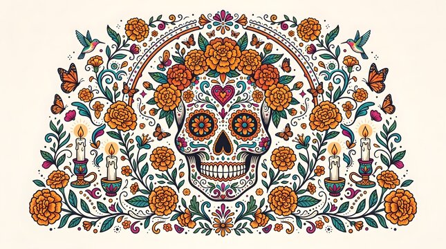  Day of the Dead Floral Skull &mdash; Decorative Mexican Folk Vector Art