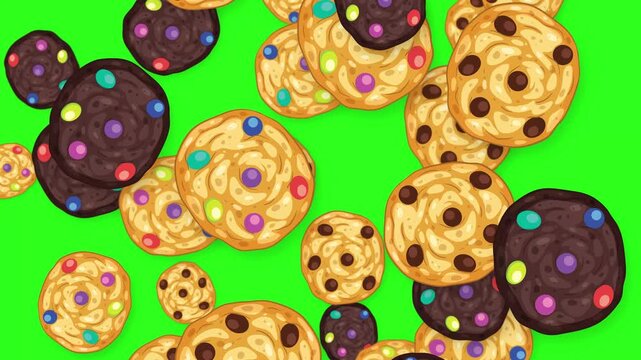 Falling Mixed Chocolate Chip and Candy Cookies on Green Screen