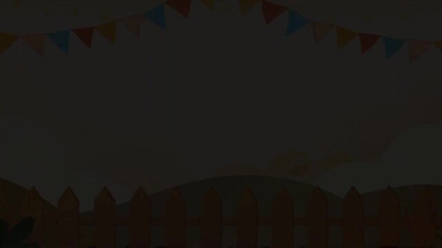 Wooden fence in a festive landscape with hanging bunting banners