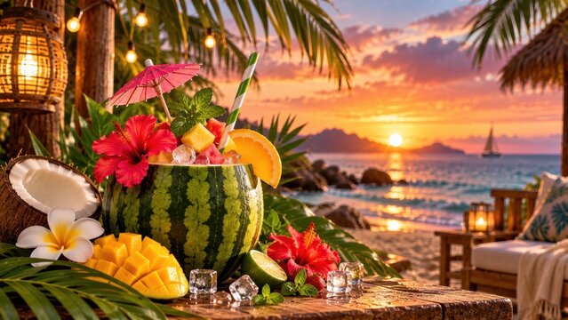 Refreshing tropical fruit cocktail served in a carved watermelon on a beach during a beautiful sunset