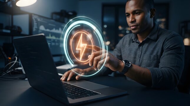 Innovative software engineer interacting with a futuristic glowing lightning bolt interface at a laptop, representing clean energy technology, digital power management, and creative innovation.