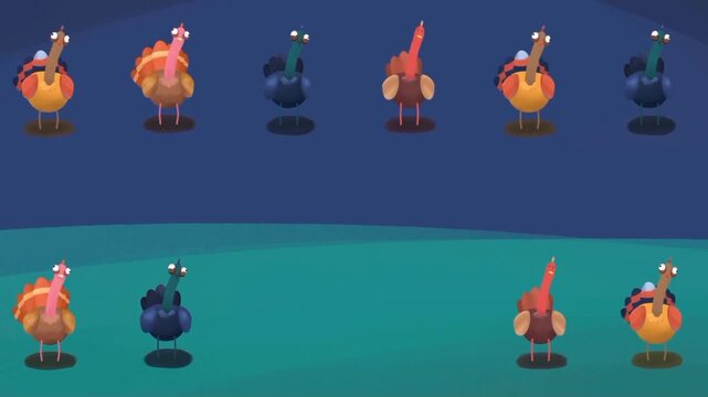 Animated turkeys standing and tilting heads on a dark blue background