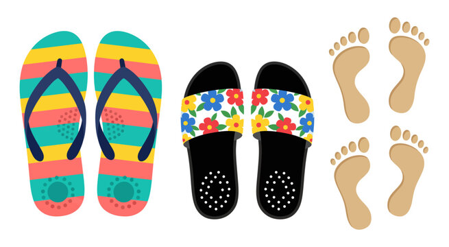 Flip-flops and footprints set with vibrant summer colors and floral patterns featuring sandals