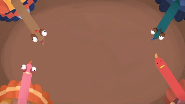 Animated turkeys with googly eyes on a brown background