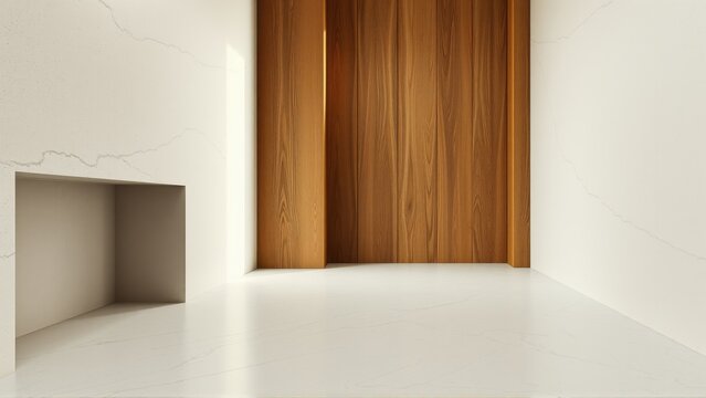 Minimalist interior. Light walls contrast dark wood paneling. Empty space evokes calm, modern design aesthetic. Clean lines define room.