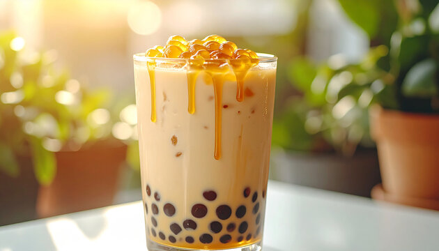 Creamy milk bubble tea with chewy tapioca pearls and golden honey drizzle, blurred potted plants on background, appetizing drink. Tasty beverage. Close-up.