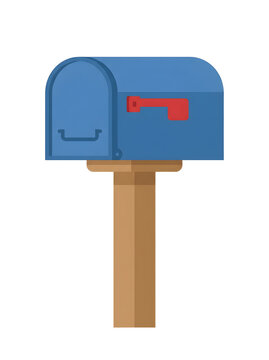 Blue mailbox mounted on a sturdy wooden post features a red indicator flag against a plain transparent background.