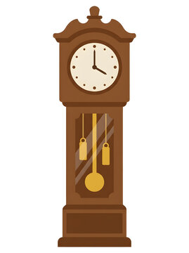 Grandfather clock made of brown wood stands vertically with its pendulum visible behind glass on a transparent background.