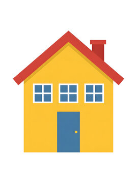 Residential home depicted as a yellow two-story building with a red roof, blue door, and windows.