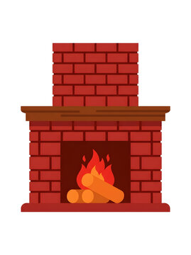 Fireplace constructed from red bricks features burning wooden logs and bright orange flames inside.
