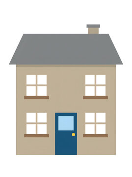 House icon featuring a two-story building structure with a grey roof, blue front door, and four large windows.