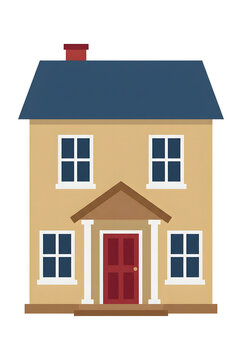 Two-story suburban house features a blue roof, beige facade, red front door, and white porch columns rendered in a clean flat vector illustration.