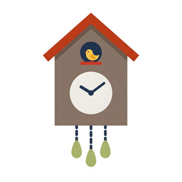 Cuckoo clock illustration in a flat design style features a wooden house shape, yellow bird, round clock face, and hanging weights on a transparent background.