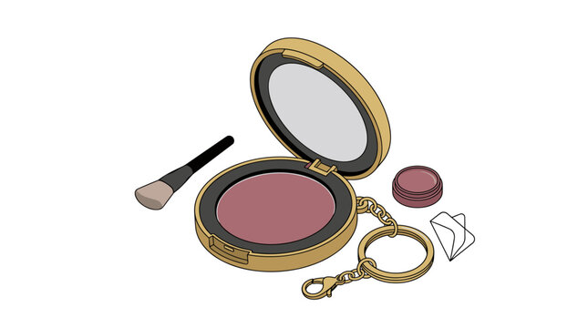Gold makeup compact with powder and mirror, cosmetic brush, and keychain accessory isolated on white background