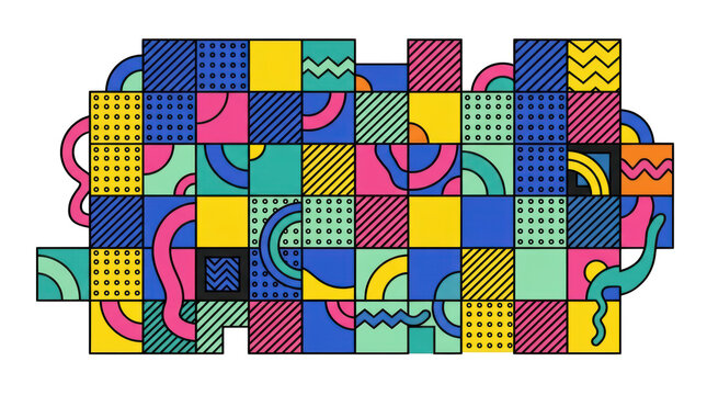 Abstract memphis style geometric pattern with colorful shapes and lines isolated on transparent background