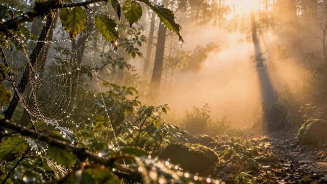 Dewy spider web glowing in a misty sunlit forest