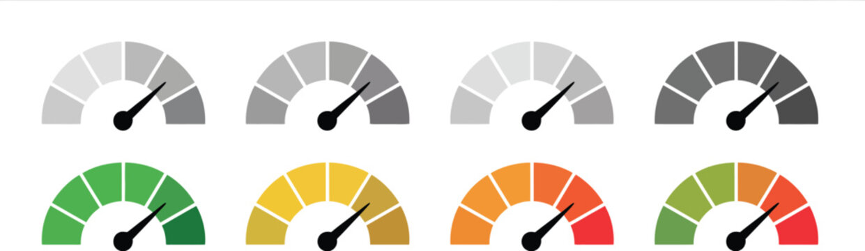 Speedometer icon set, gauge meter symbols representing low, medium, and high levels for performance tracking, risk assessment, analytics, and dashboards