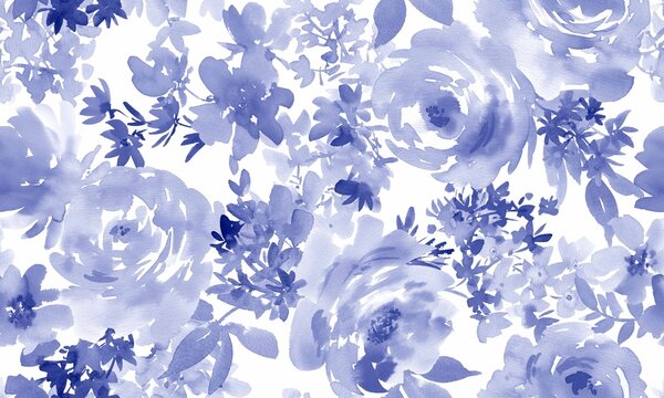 Watercolor Modern Blue Monochrome Rose and Wildflower Seamless Pattern for Fabric, Wallpaper, Stationery, Wedding Invitations and Surface Design