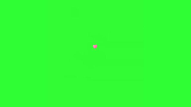 Glossy pink hearts flying across the frame and breaking into small heart-shaped particles on a bright green screen background.