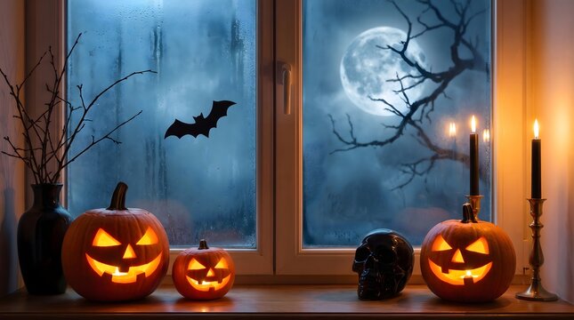 Halloween window sill decor with glowing jack-o'-lantern pumpkins, black skull, and lit candles. A bat silhouette, full moon, and creepy trees visible through foggy glass. Spooky holiday background