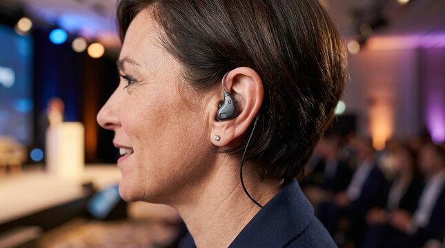 Woman Wearing In-Ear Monitor at Professional Conference